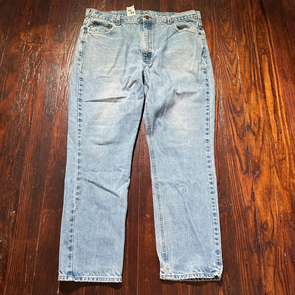VTG Carhartt B18 Jeans Mens 42x32 Blue Straight Jeans Leather Patch